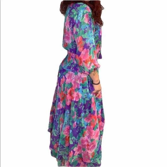 Vintage 90s Diane Freis Original Georgette Floral Maxi Dress Large - Picture 2 of 16